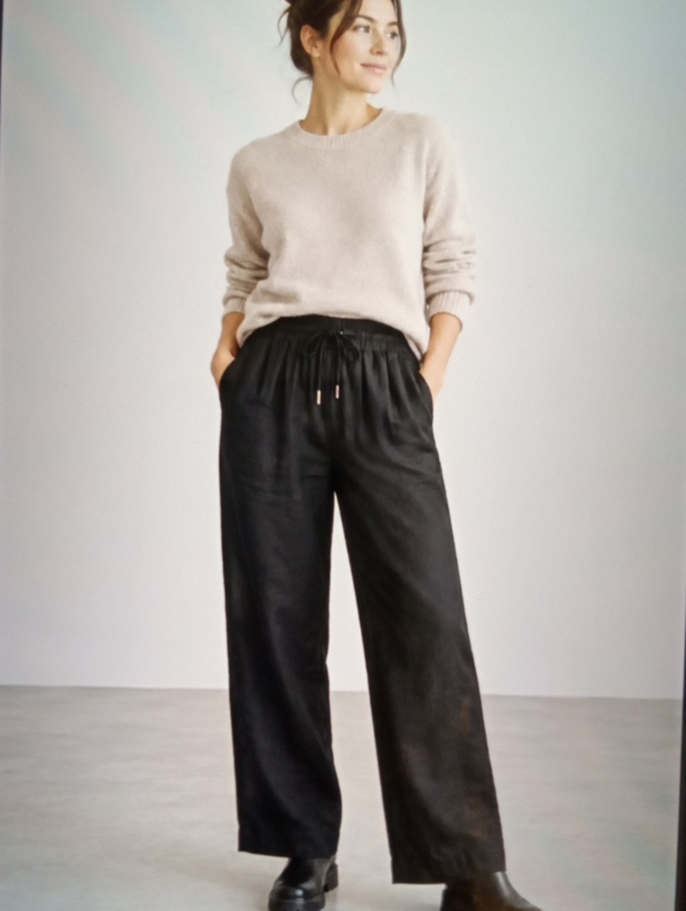 Quince European Linen Wide Leg Pants Black Drawstring Womens Minimalist M
